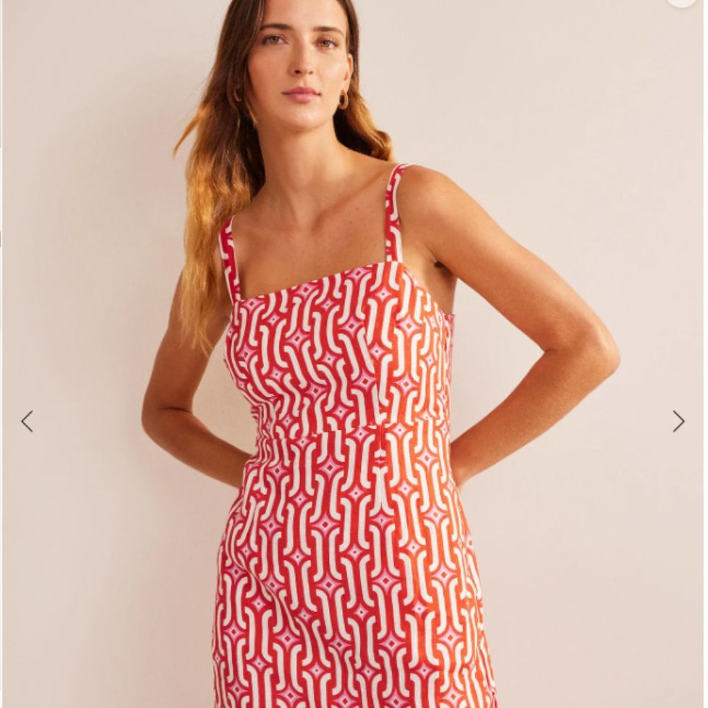 Boden Strappy Linen Mini Dress 14 XL Blood Orange Azure Geo Sleeveless Plus